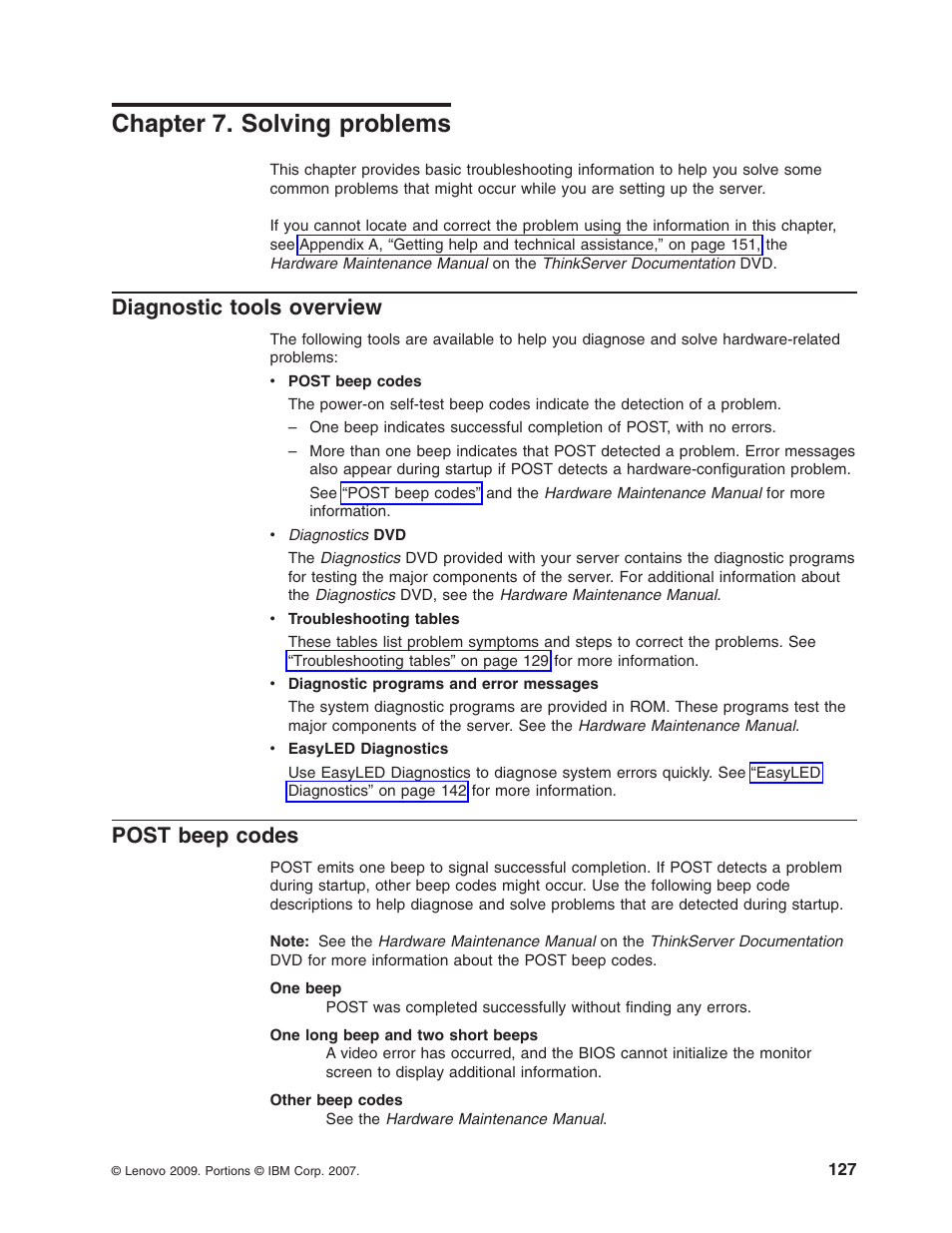 Chapter 7. solving problems, Diagnostic tools overview, Post beep codes | Chapter, Solving, Problems, Diagnostic, Tools, Overview, Post | Lenovo 3797 User Manual | Page 143 / 188