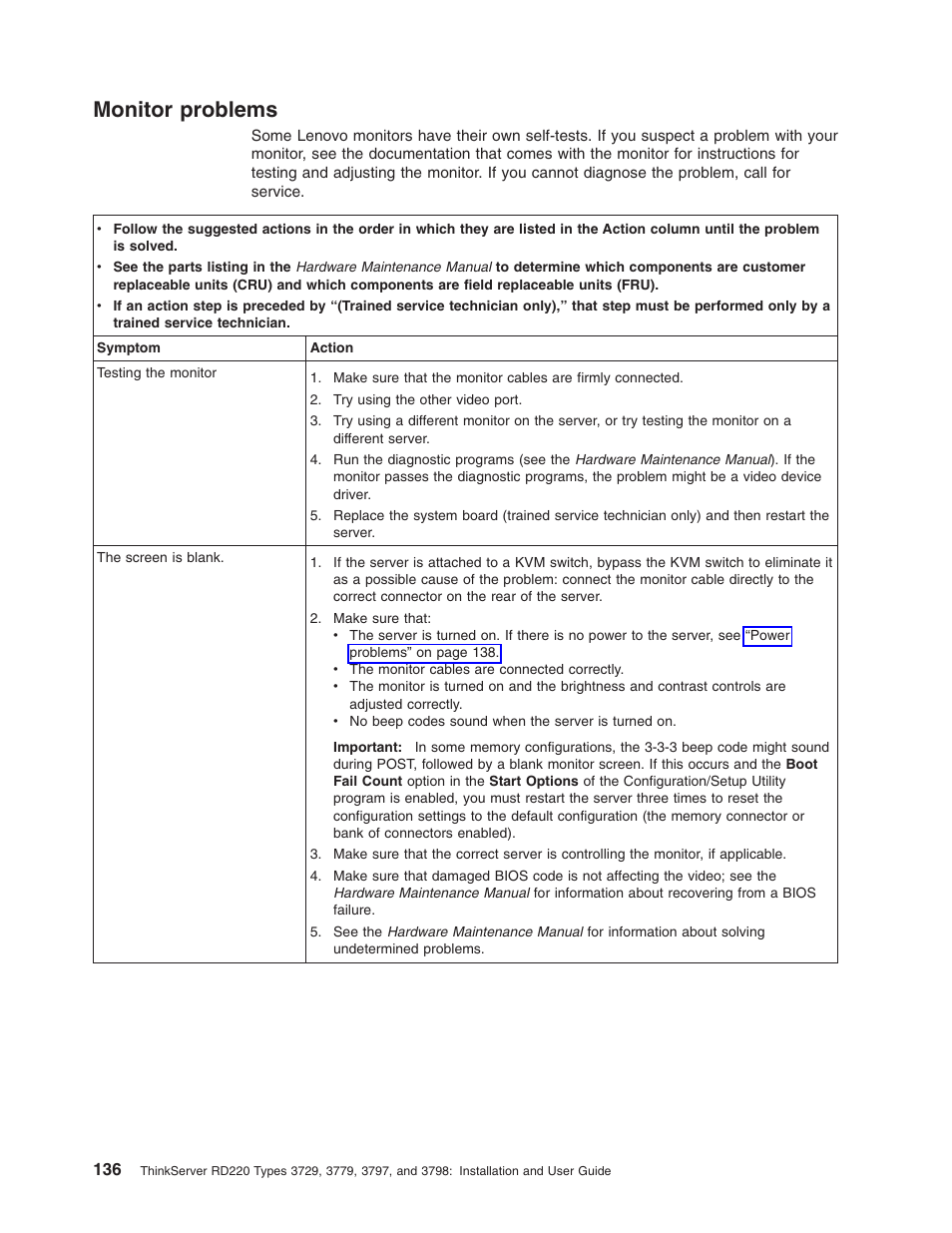 Monitor problems, Monitor, Problems | Lenovo 3797 User Manual | Page 152 / 188