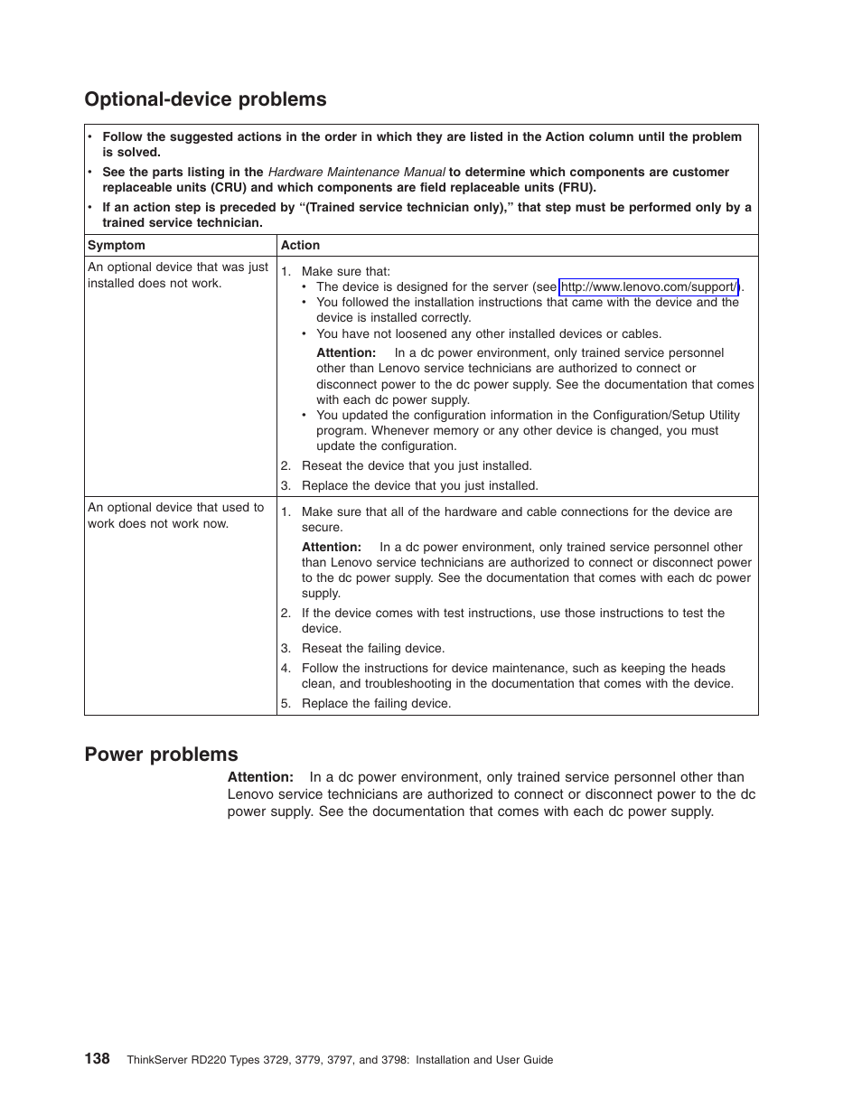 Optional-device problems, Power problems, Optional-device | Problems, Power | Lenovo 3797 User Manual | Page 154 / 188