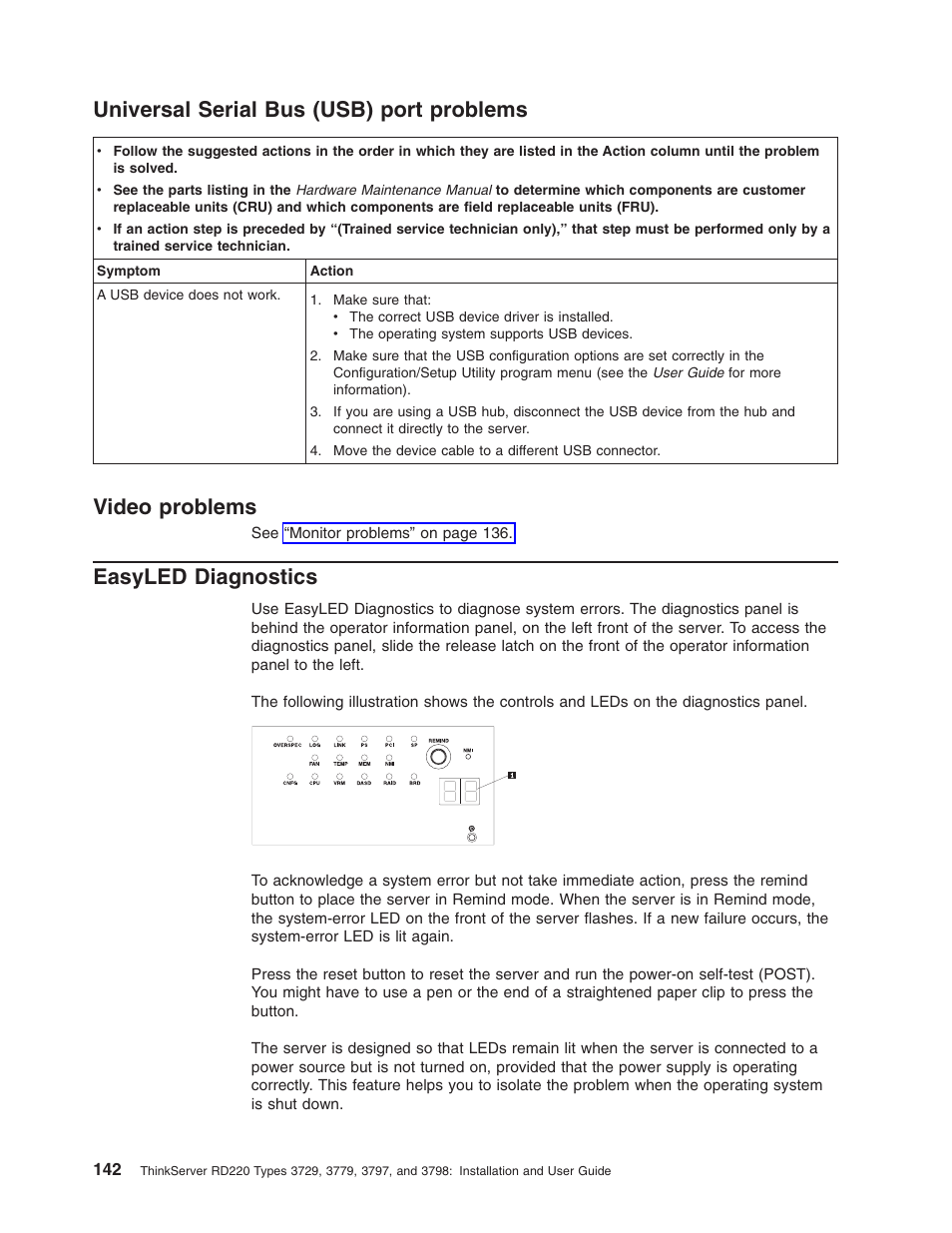 Universal serial bus (usb) port problems, Video problems, Easyled diagnostics | Universal, Serial, Usb), Port, Problems, Video, Easyled | Lenovo 3797 User Manual | Page 158 / 188