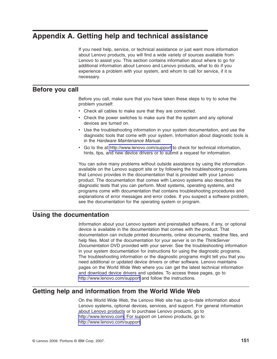 Appendix a. getting help and technical assistance, Before you call, Using the documentation | Appendix, Getting, Help, Technical, Assistance, Before, Call | Lenovo 3797 User Manual | Page 167 / 188