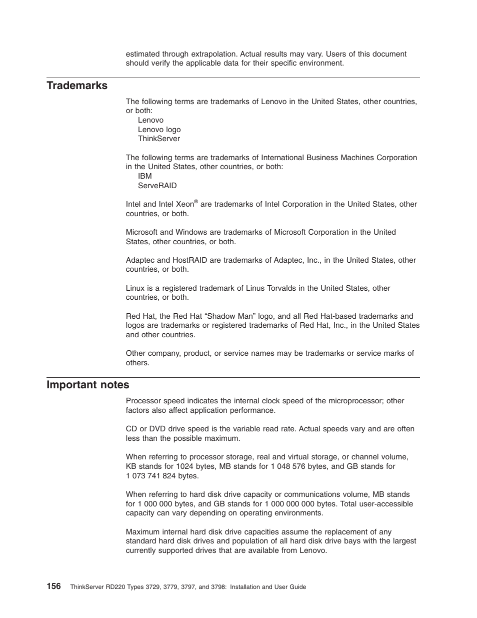 Trademarks, Important notes, Important | Notes | Lenovo 3797 User Manual | Page 172 / 188