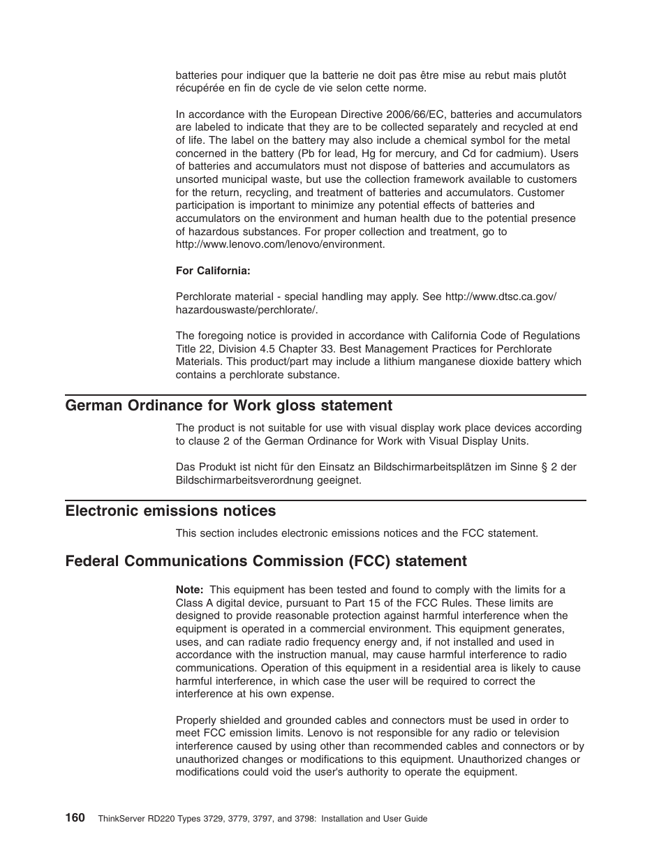 German ordinance for work gloss statement, Electronic emissions notices, Federal communications commission (fcc) statement | German, Ordinance, Work, Gloss, Statement, Electronic, Emissions | Lenovo 3797 User Manual | Page 176 / 188