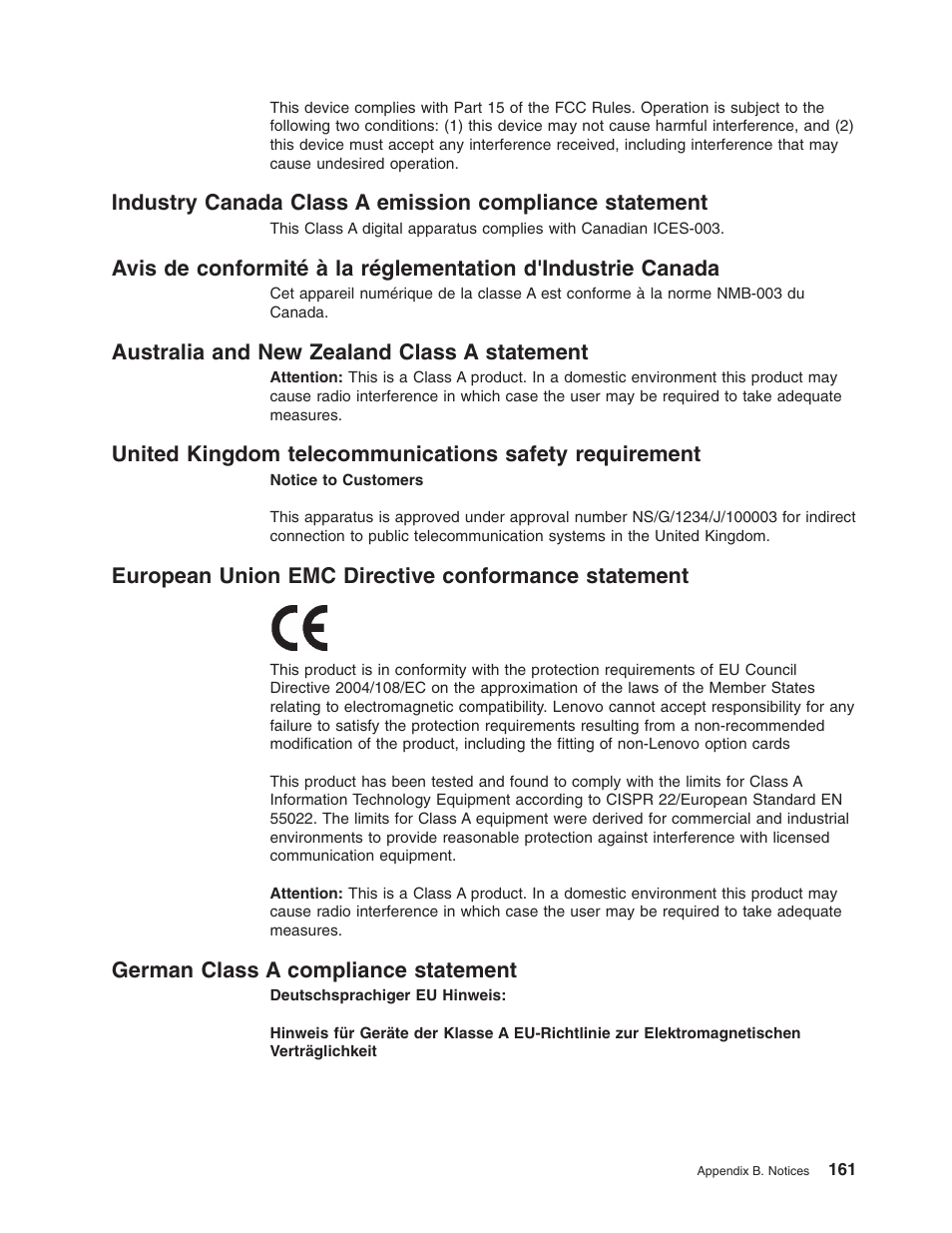 Australia and new zealand class a statement, European union emc directive conformance statement, German class a compliance statement | Industry, Canada, Class, Emission, Compliance, Statement, Avis | Lenovo 3797 User Manual | Page 177 / 188