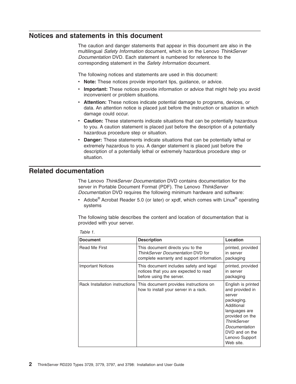 Notices and statements in this document, Related documentation, Notices | Statements, This, Document, Related, Documentation | Lenovo 3797 User Manual | Page 18 / 188