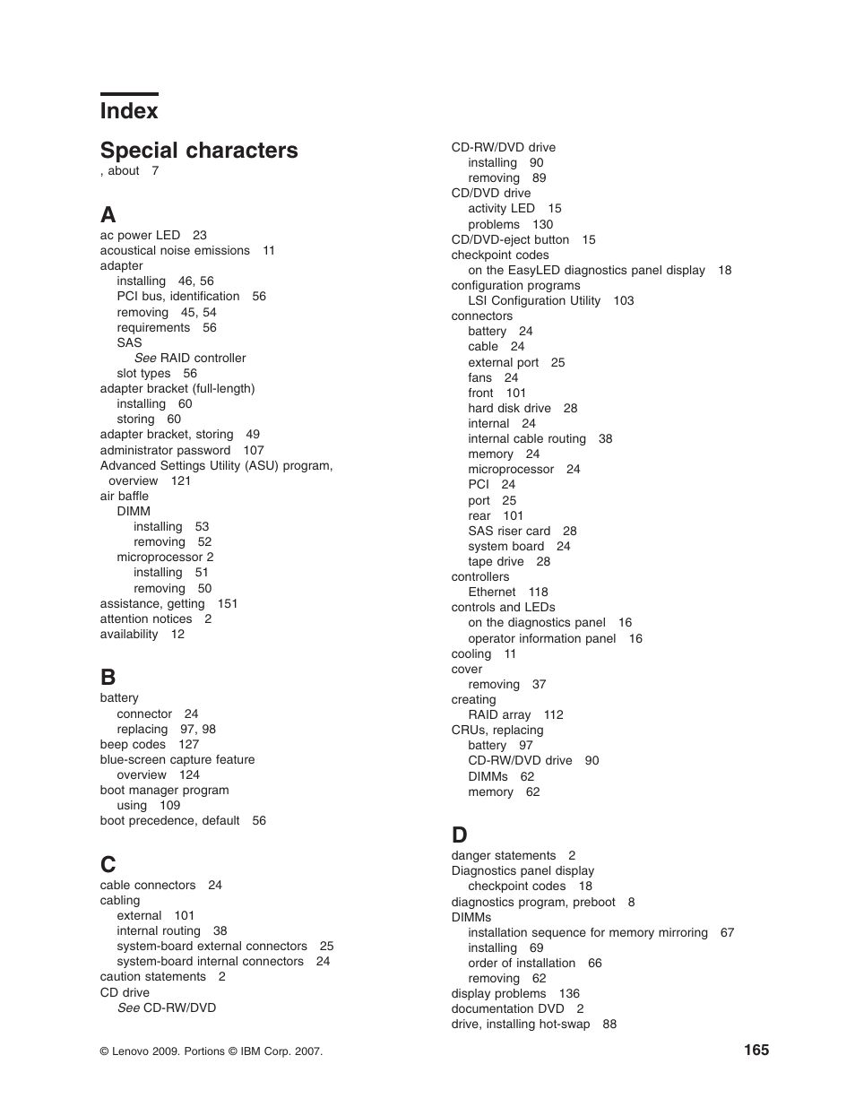 Index, Special, Characters | Lenovo 3797 User Manual | Page 181 / 188
