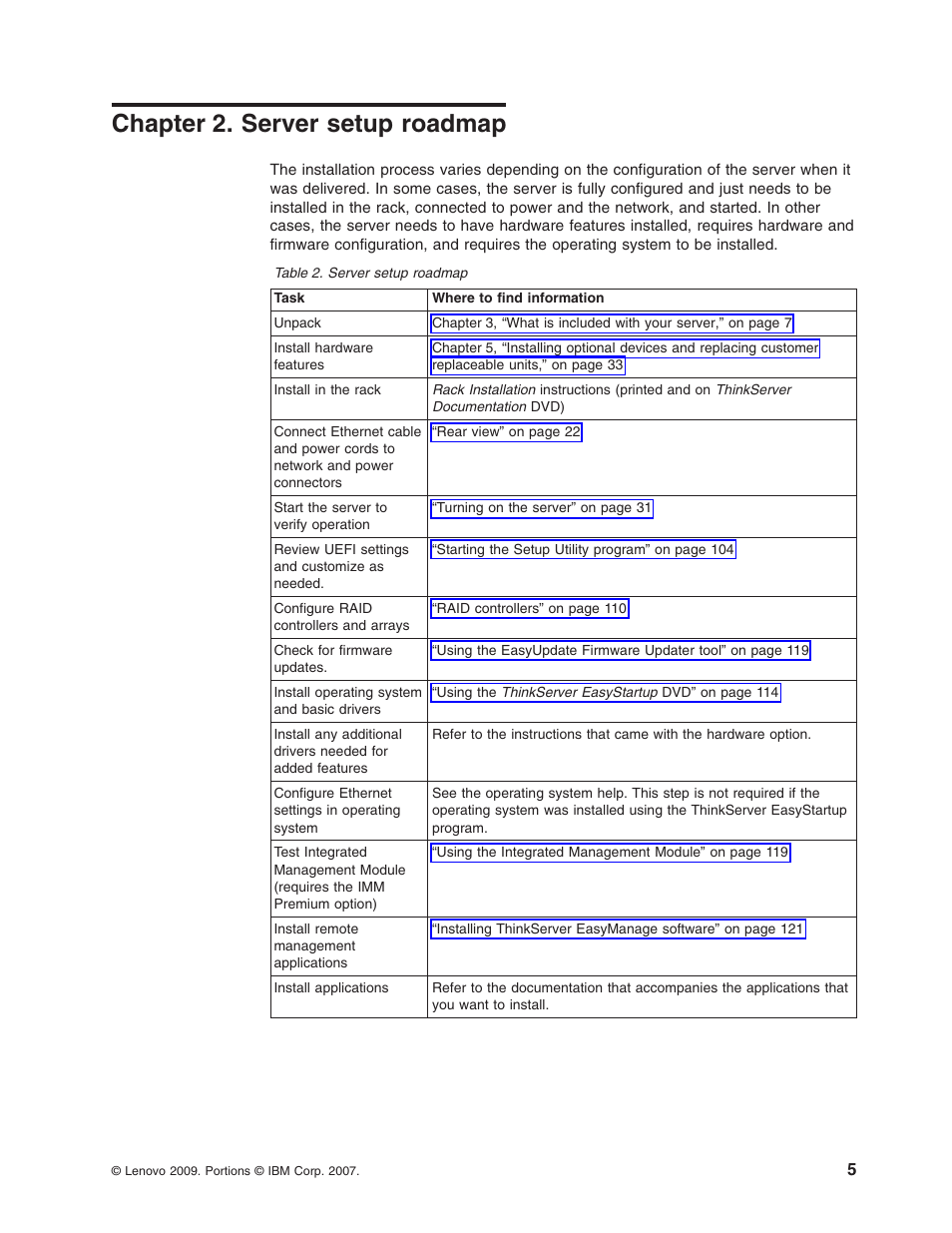 Chapter 2. server setup roadmap, Chapter, Server | Setup, Roadmap | Lenovo 3797 User Manual | Page 21 / 188