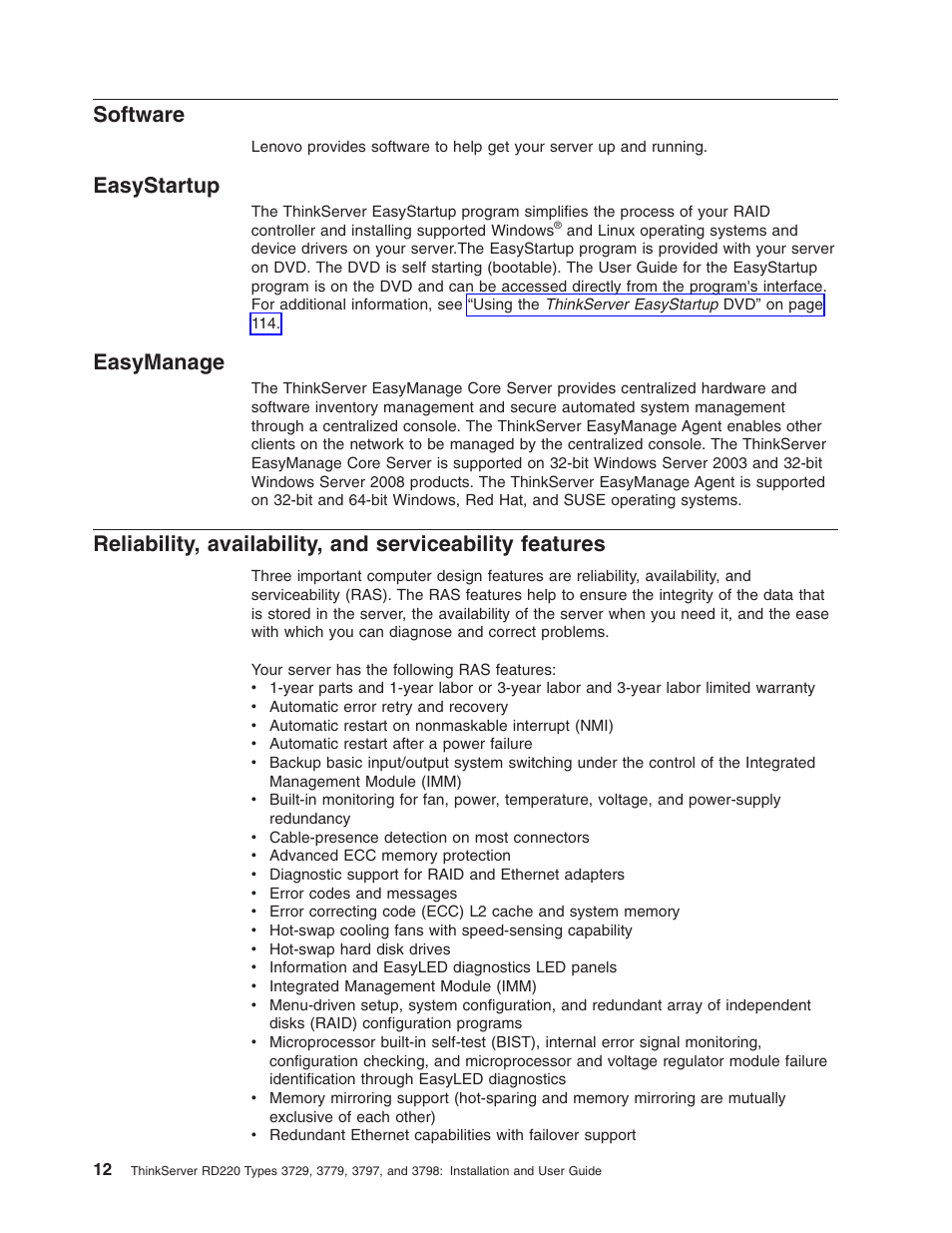 Software, Easystartup, Easymanage | Reliability, Availability, Serviceability, Features | Lenovo 3797 User Manual | Page 28 / 188