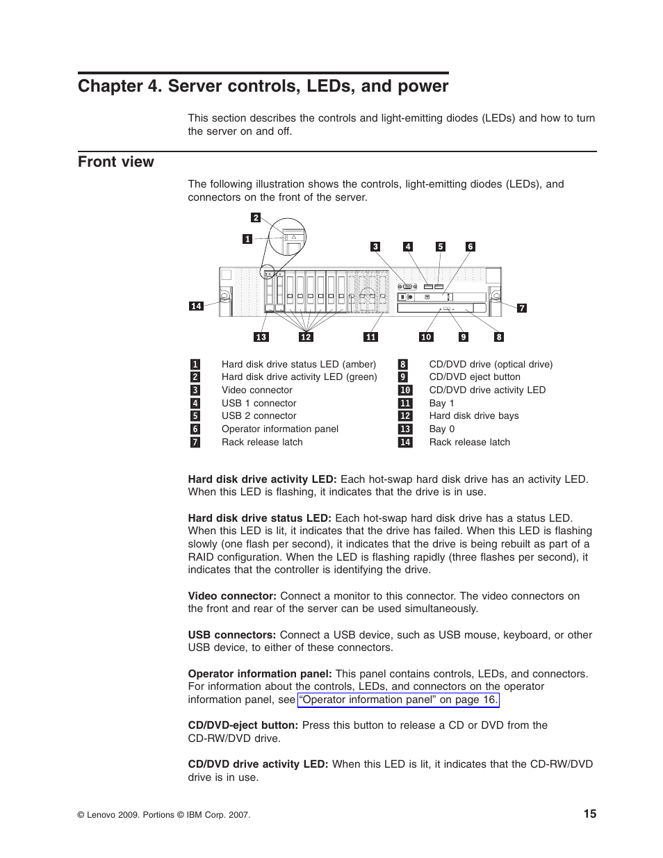 Chapter 4. server controls, leds, and power, Front view, Chapter | Server, Controls, Leds, Power, Front, View | Lenovo 3797 User Manual | Page 31 / 188