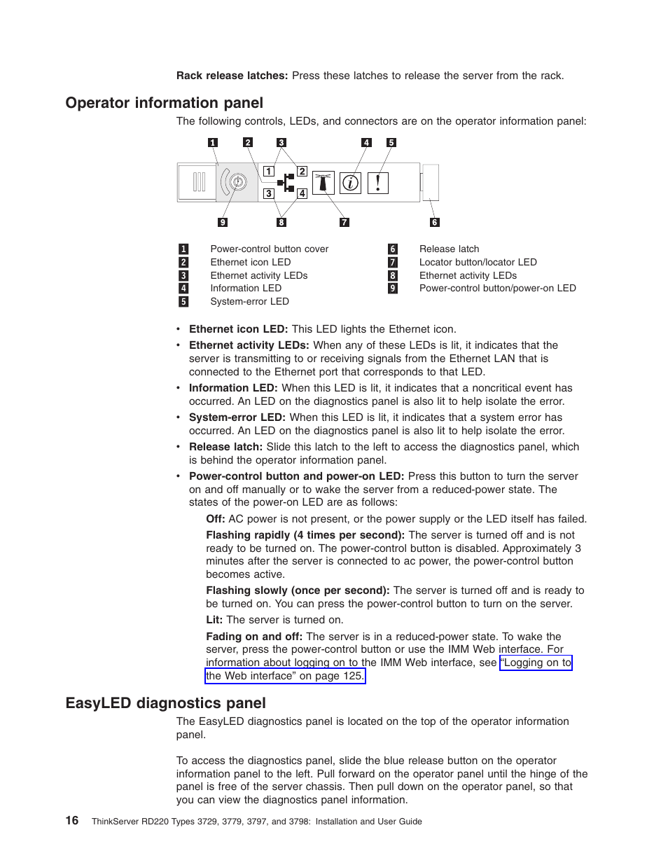 Operator information panel, Easyled diagnostics panel, Operator | Information, Panel, Easyled, Diagnostics | Lenovo 3797 User Manual | Page 32 / 188