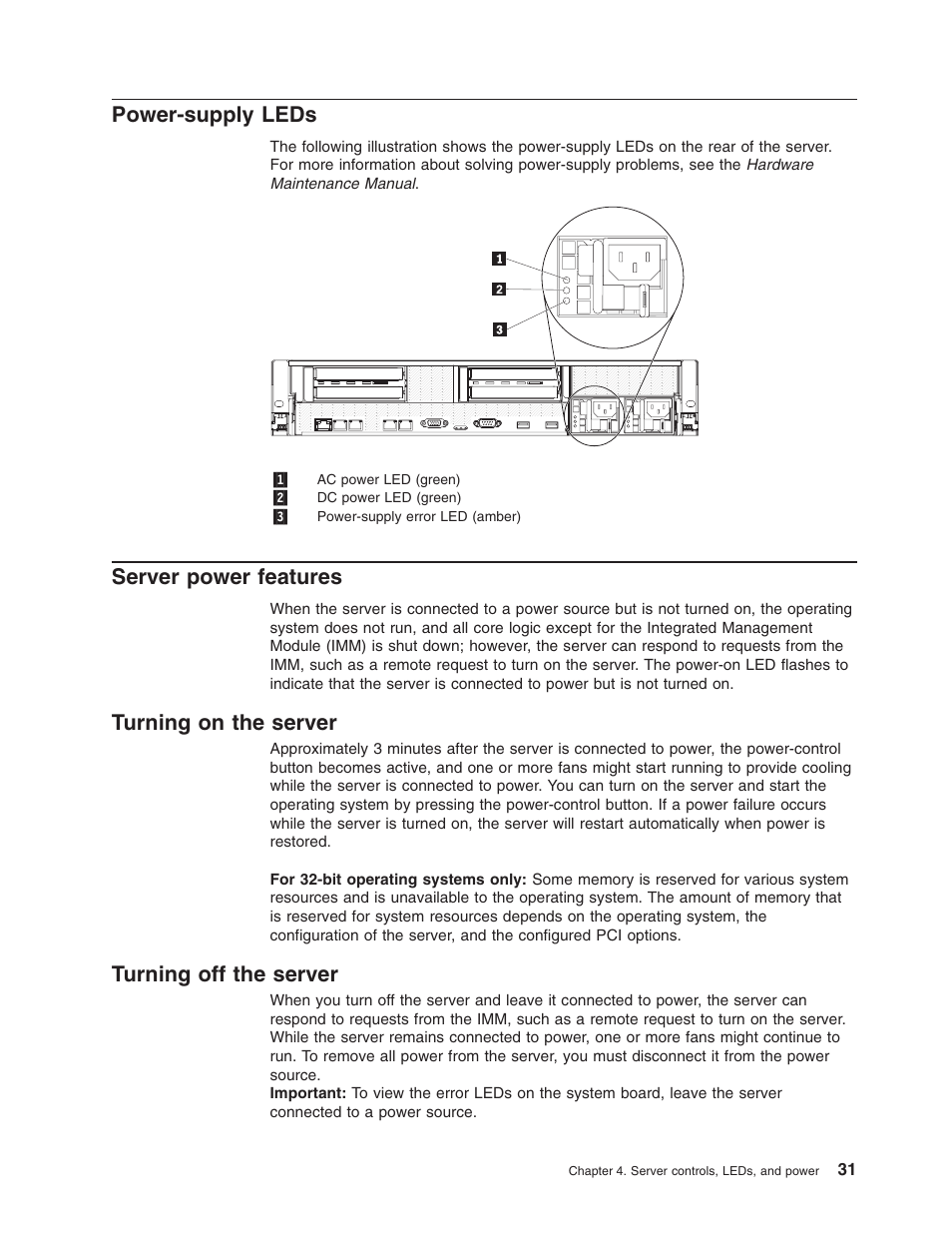Power-supply leds, Server power features, Turning on the server | Turning off the server, Power-supply, Leds, Server, Power, Features, Turning | Lenovo 3797 User Manual | Page 47 / 188