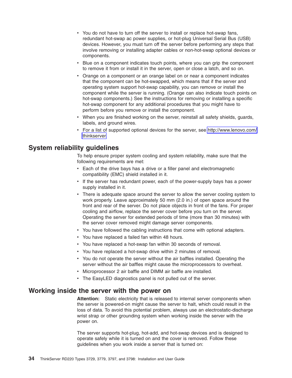 System reliability guidelines, Working inside the server with the power on, System | Reliability, Guidelines, Working, Inside, Server, With, Power | Lenovo 3797 User Manual | Page 50 / 188
