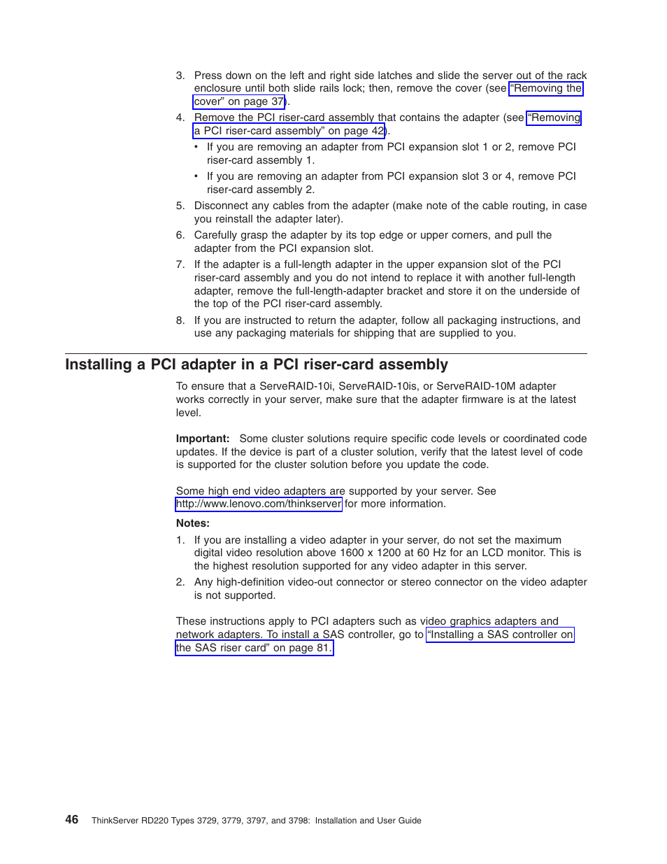 Installing, Adapter, Riser-card | Assembly | Lenovo 3797 User Manual | Page 62 / 188