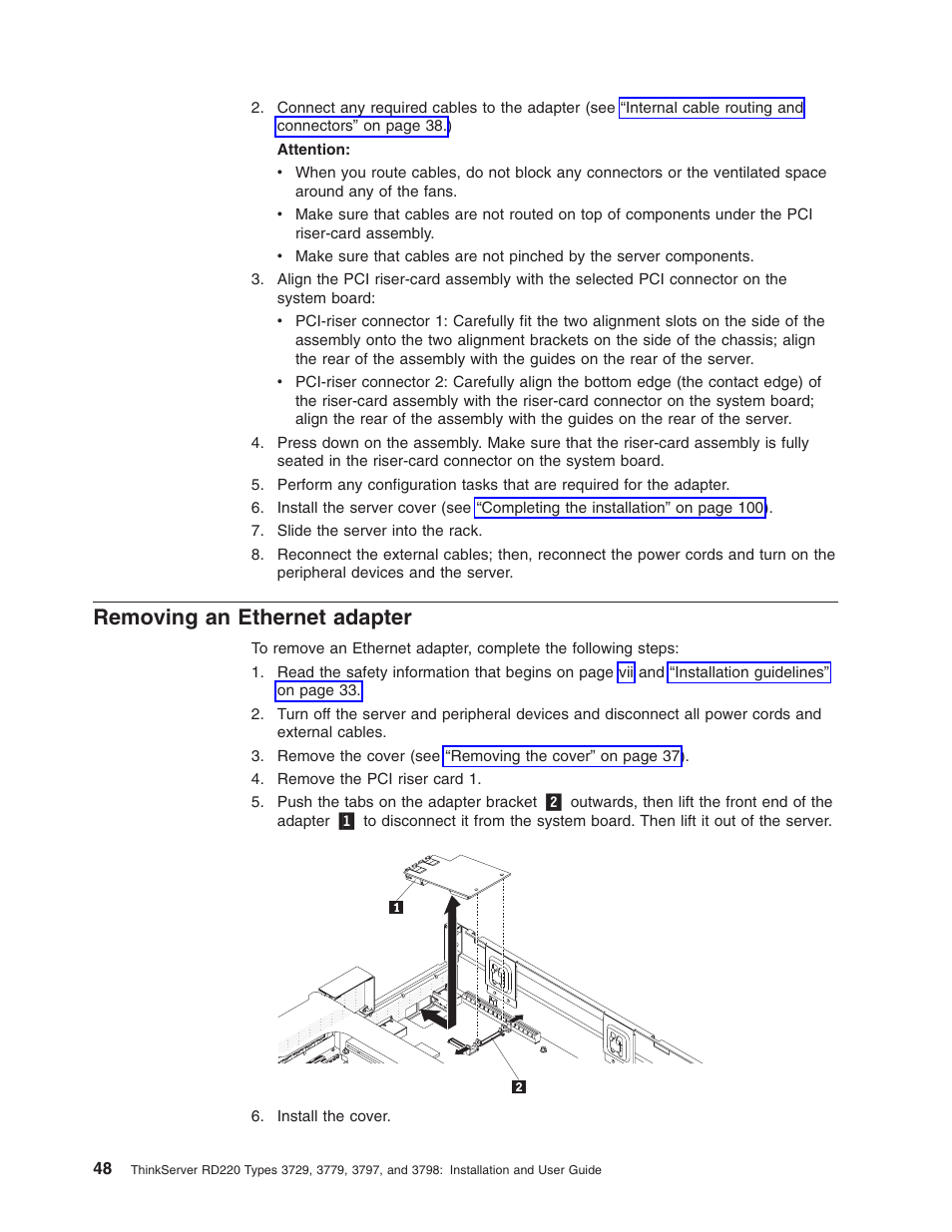 Removing an ethernet adapter, Removing, Ethernet | Adapter | Lenovo 3797 User Manual | Page 64 / 188