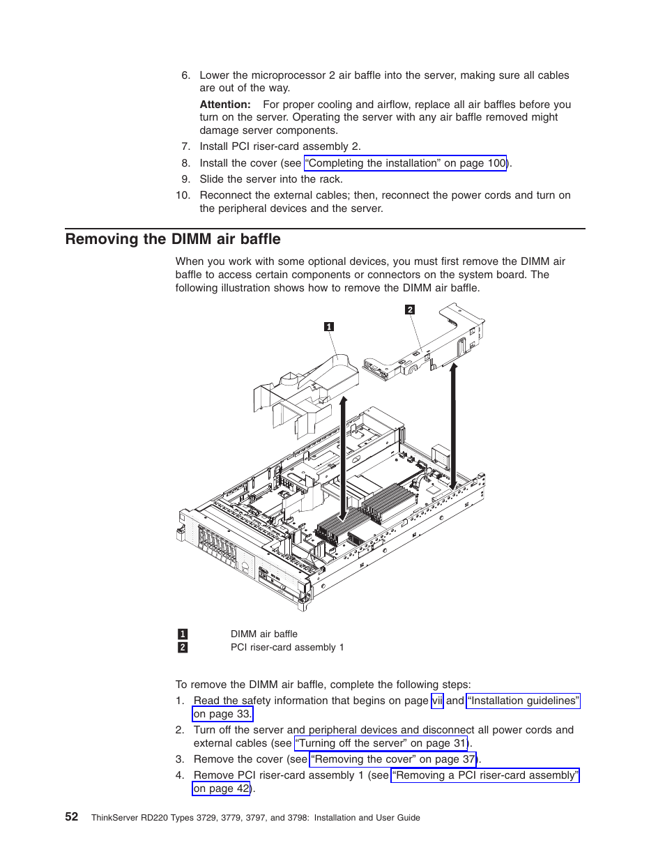 Removing the dimm air baffle, Removing, Dimm | Baffle | Lenovo 3797 User Manual | Page 68 / 188