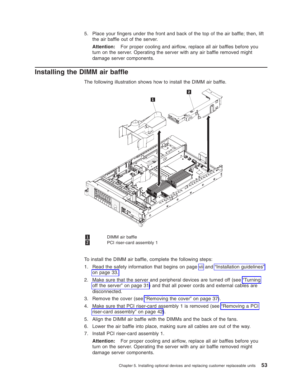 Installing the dimm air baffle, Installing, Dimm | Baffle | Lenovo 3797 User Manual | Page 69 / 188