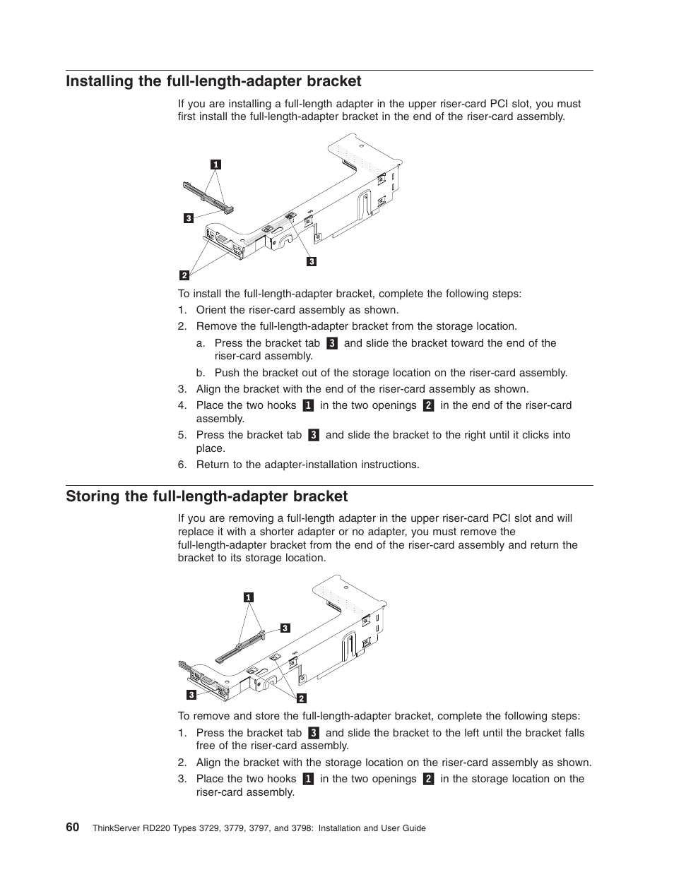 Installing the full-length-adapter bracket, Storing the full-length-adapter bracket, Installing | Full-length-adapter, Bracket, Storing | Lenovo 3797 User Manual | Page 76 / 188