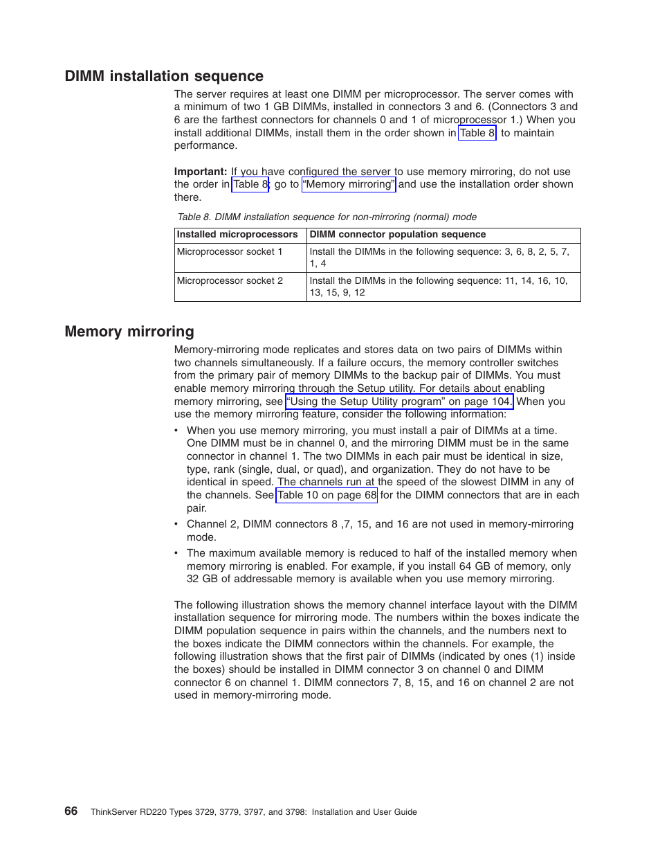 Dimm installation sequence, Memory mirroring, Dimm | Installation, Sequence, Memory, Mirroring | Lenovo 3797 User Manual | Page 82 / 188