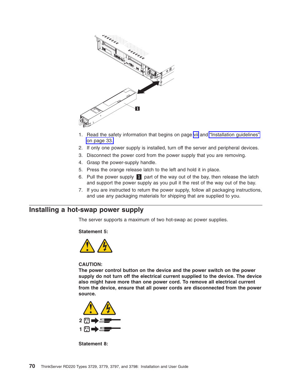 Installing a hot-swap power supply, Installing, Hot-swap | Power, Supply | Lenovo 3797 User Manual | Page 86 / 188