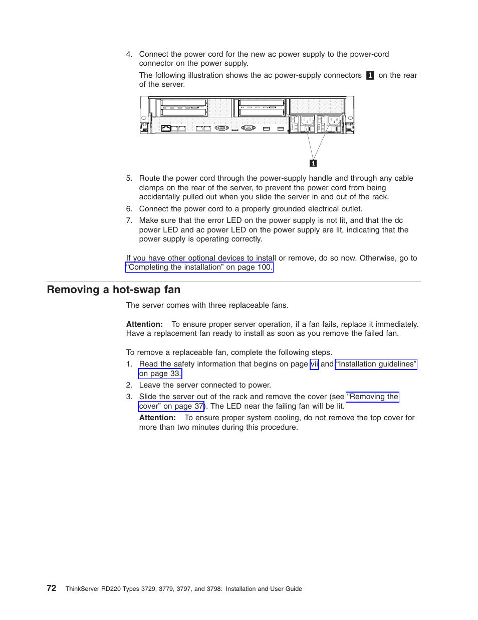 Removing a hot-swap fan, Removing, Hot-swap | Lenovo 3797 User Manual | Page 88 / 188