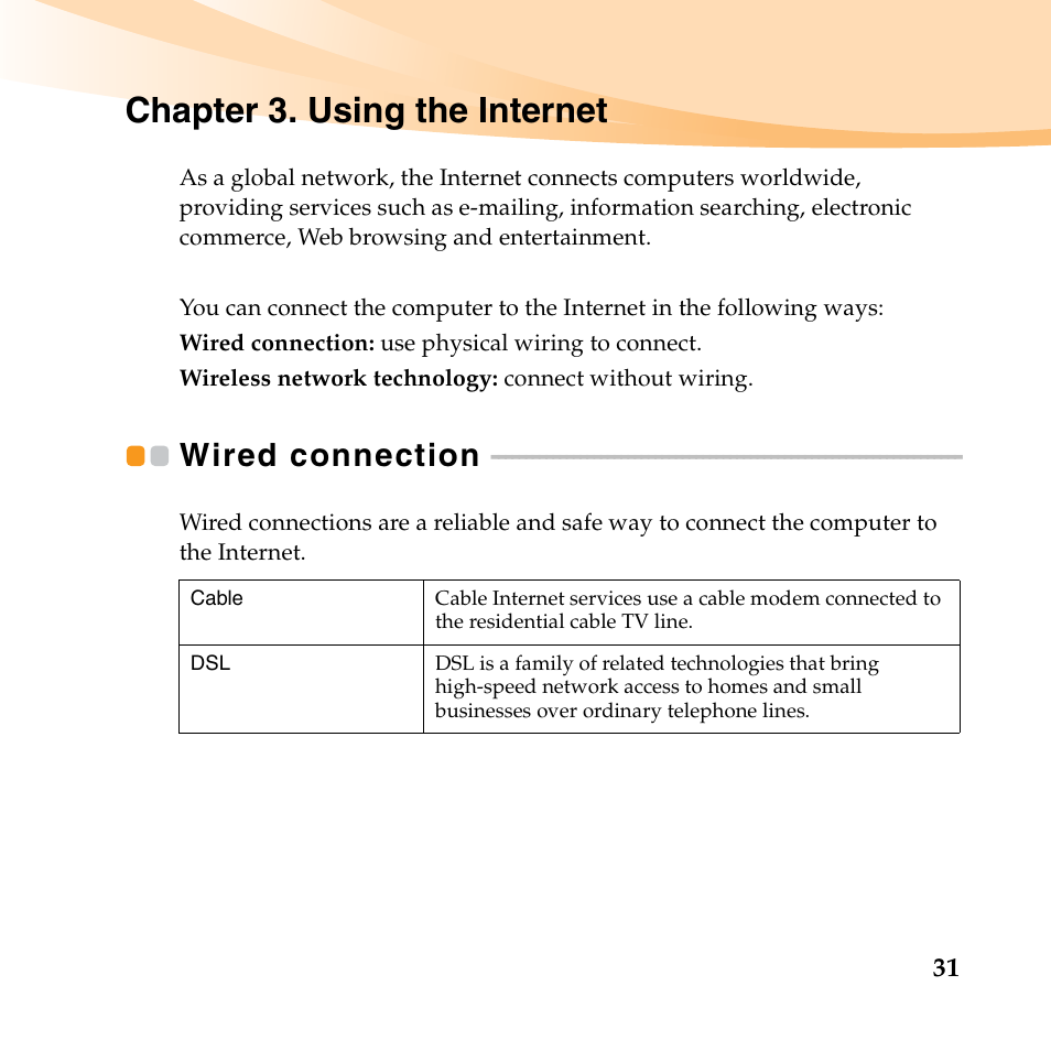 Chapter 3. using the internet, Wired connection | Lenovo IdeaPad U455 User Manual | Page 45 / 142