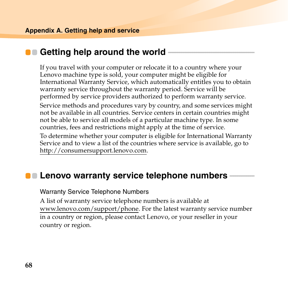 Getting help around the world, Lenovo warranty service telephone numbers | Lenovo IdeaPad U455 User Manual | Page 82 / 142