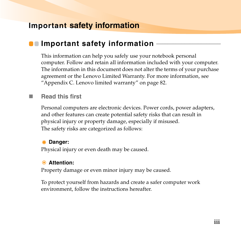 Important safety information, Important safety information...... iii, Important safety information ....iii | Safety information, Important | Lenovo IdeaPad U455 User Manual | Page 9 / 142