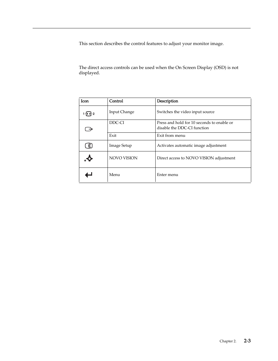 Adjusting your monitor image, Using the direct access controls, Using the direct access controls -3 | Lenovo D185 User Manual | Page 12 / 32