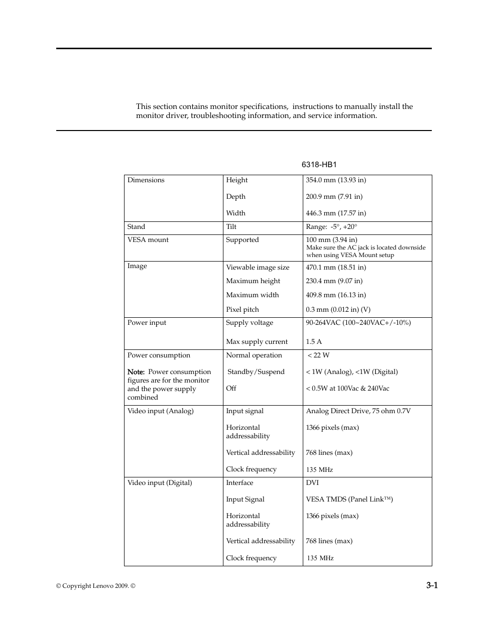 Chapter 3. reference information, Monitor specifications, Monitor specifications -1 | Lenovo D185 User Manual | Page 19 / 32