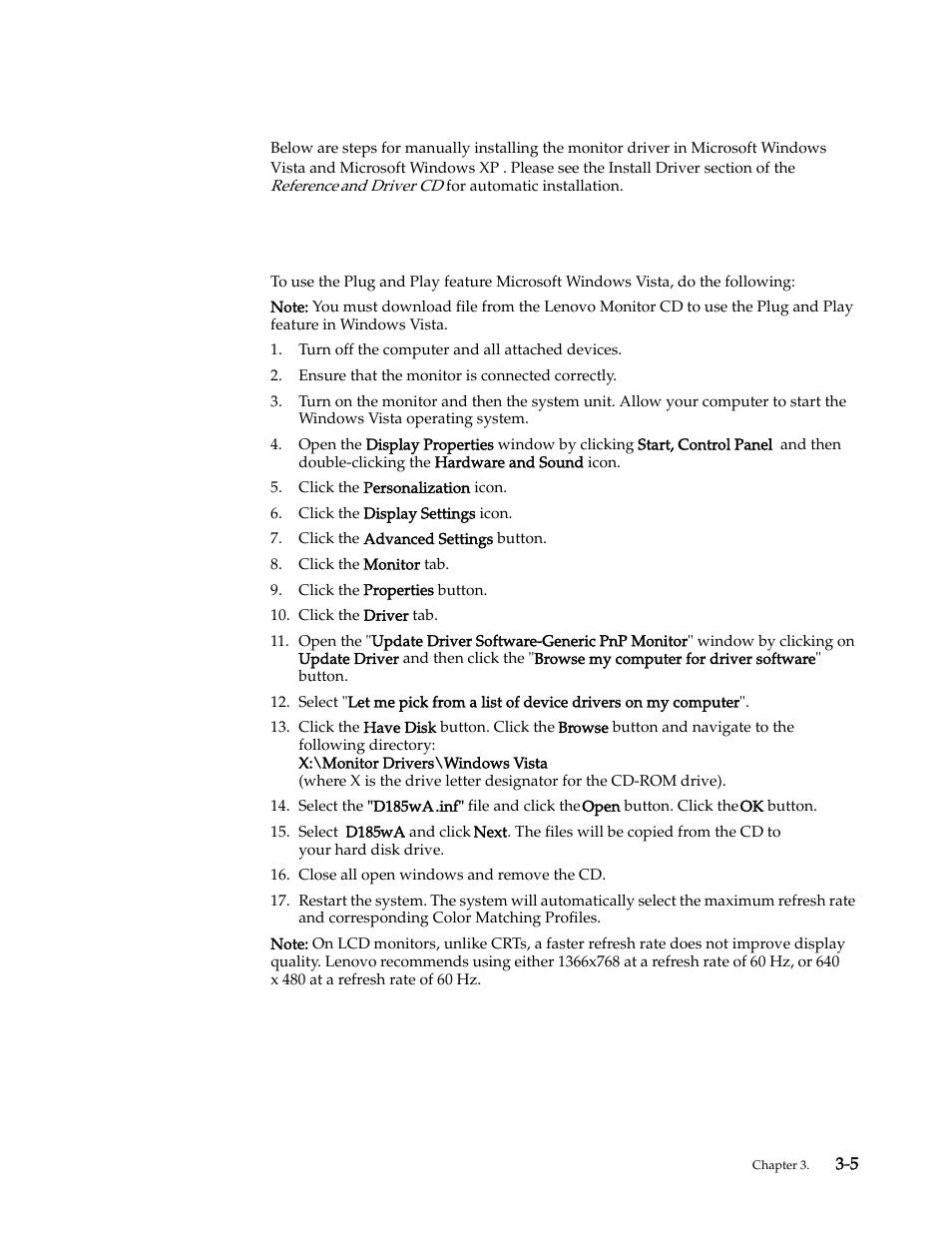 Manually installing the monitor driver, Installing the monitor driver in windows vista, Manually installing the monitor driver -5 | Lenovo D185 User Manual | Page 23 / 32