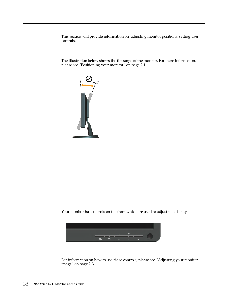 Product overview, Adjusting the tilt, Monitor controls | Adjusting the tilt -2, Monitor controls -2 | Lenovo D185 User Manual | Page 6 / 32