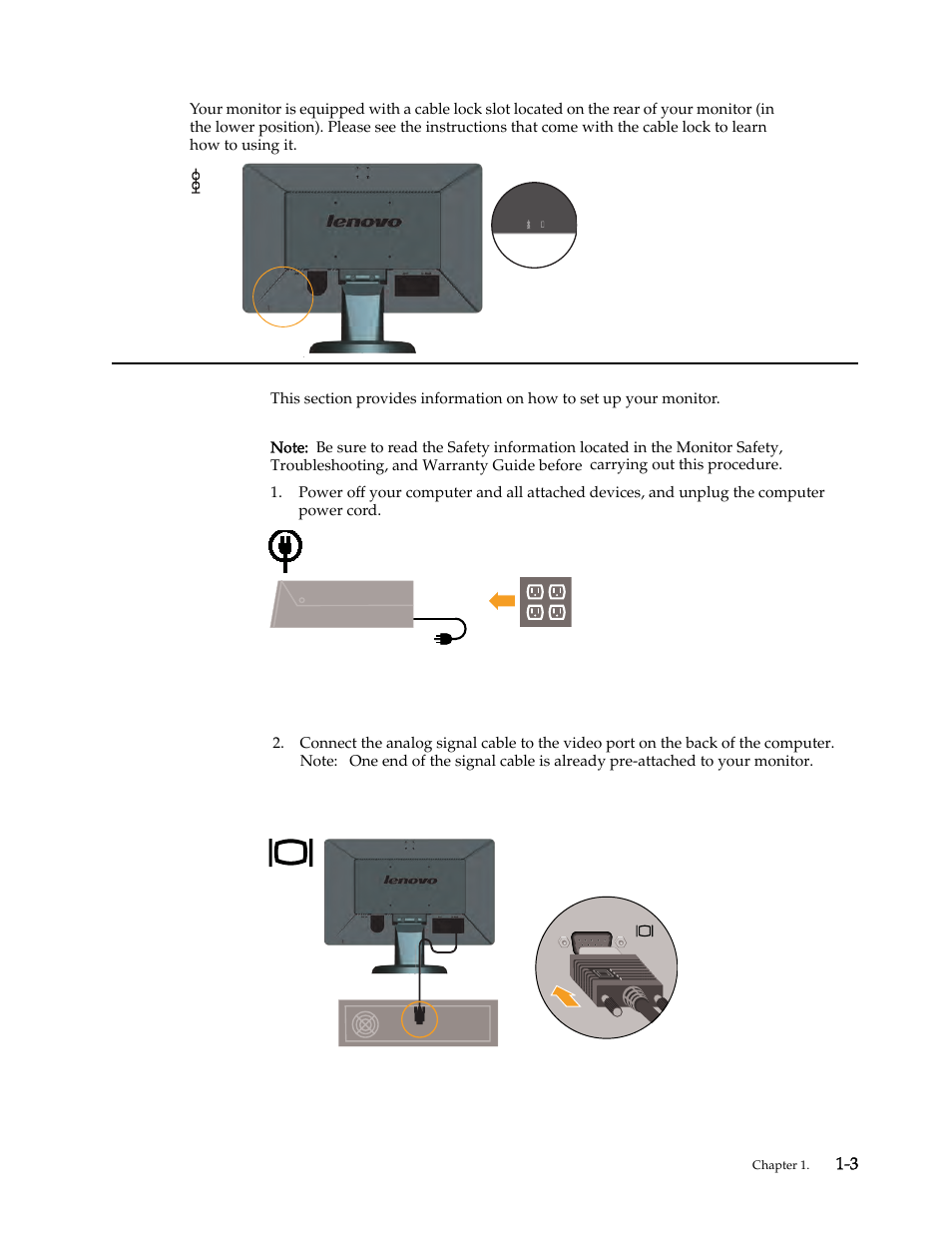 Cable lock slot, Setting up your monitor, Connecting and turning on your monitor | Setting up your monitor -3, Connecting and turning on your monitor -3 | Lenovo D185 User Manual | Page 7 / 32