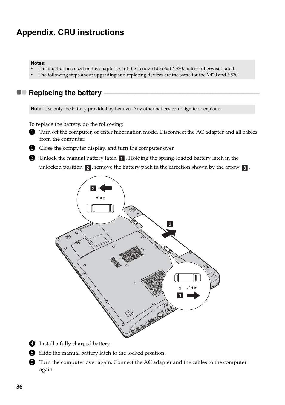 Appendix. cru instructions, Replacing the battery | Lenovo IDEAPAD Y570 User Manual | Page 40 / 51