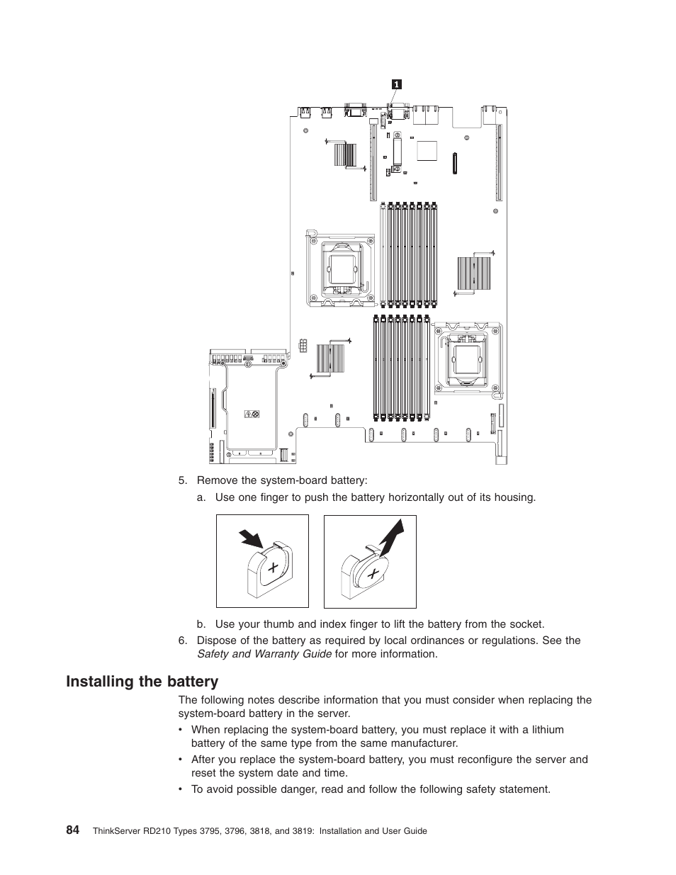 Installing the battery, Installing, Battery | Lenovo RD210 User Manual | Page 100 / 204