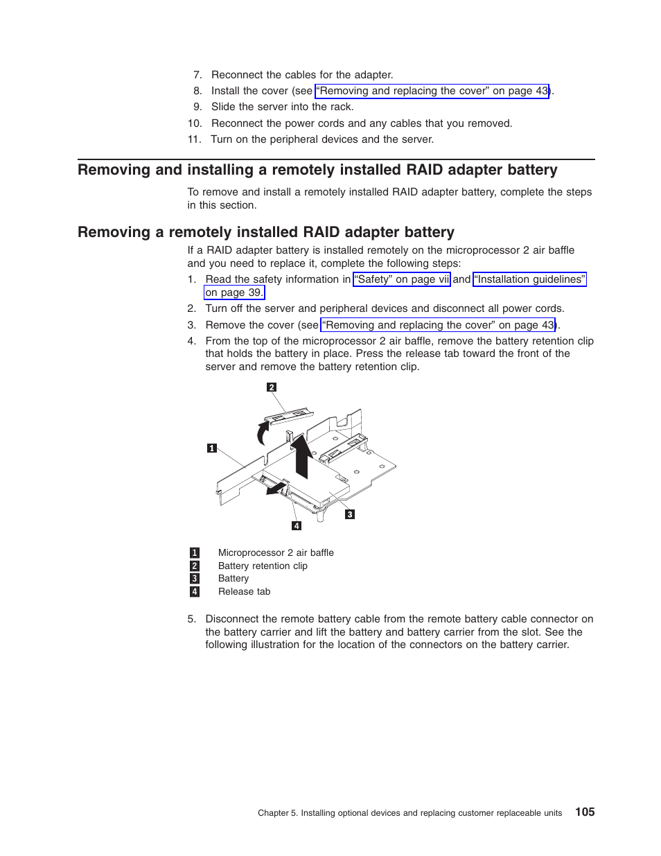 Removing a remotely installed raid adapter battery, Removing, Installing | Remotely, Installed, Raid, Adapter, Battery | Lenovo RD210 User Manual | Page 121 / 204