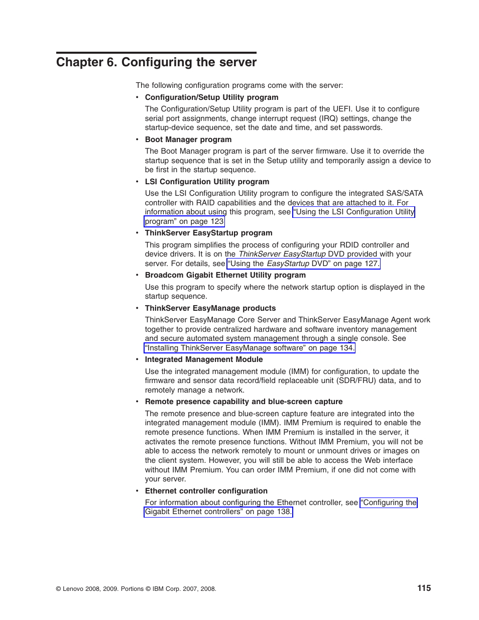 Chapter 6. configuring the server, Chapter, Configuring | Server | Lenovo RD210 User Manual | Page 131 / 204