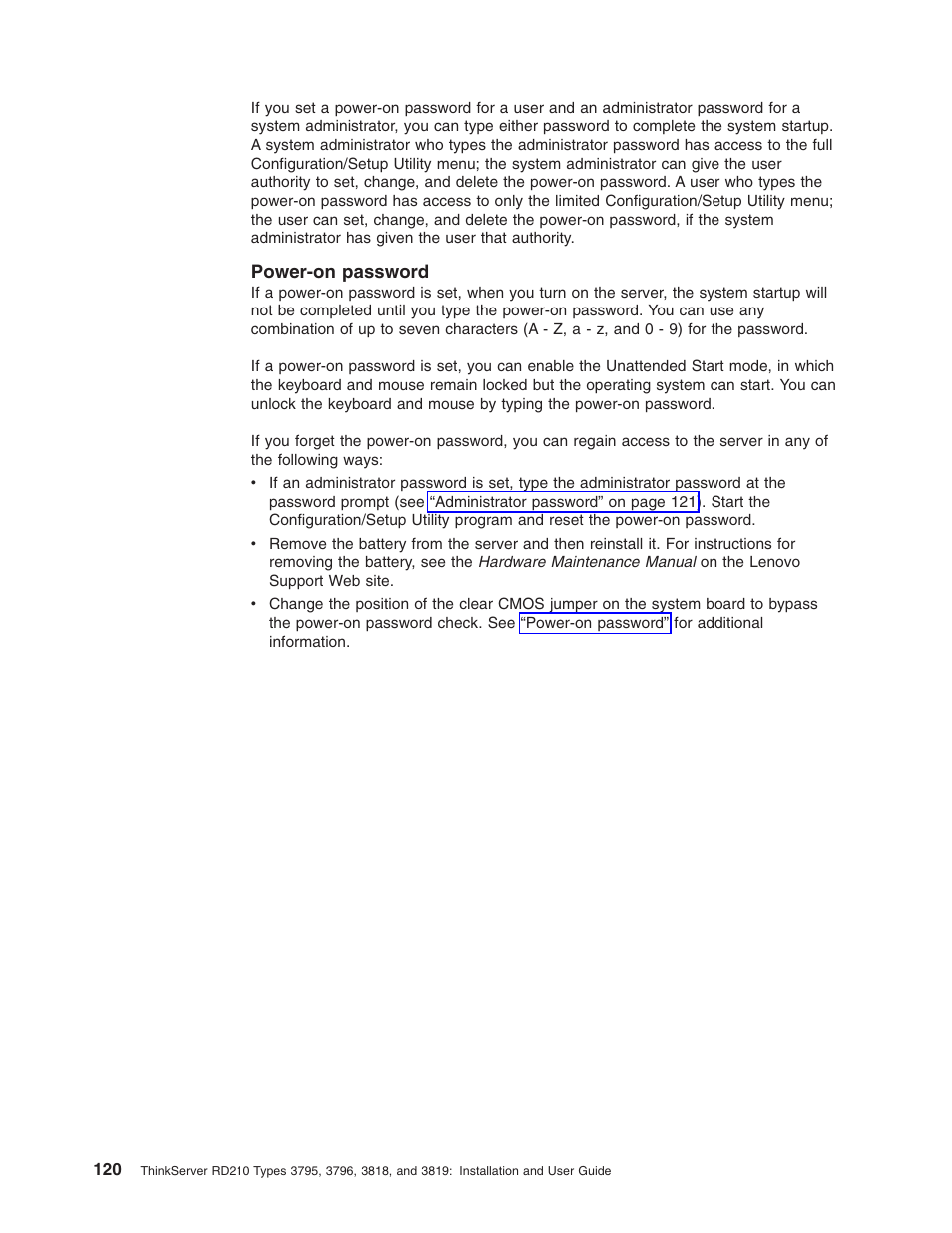 Power-on password, Power-on, Password | Lenovo RD210 User Manual | Page 136 / 204