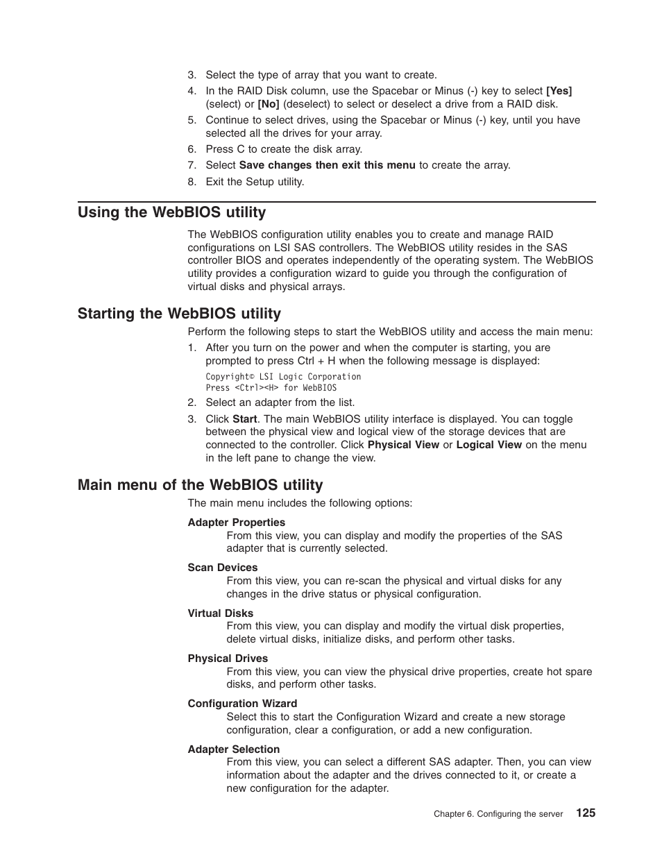 Using the webbios utility, Starting the webbios utility, Main menu of the webbios utility | Using, Webbios, Utility, Starting, Main, Menu | Lenovo RD210 User Manual | Page 141 / 204