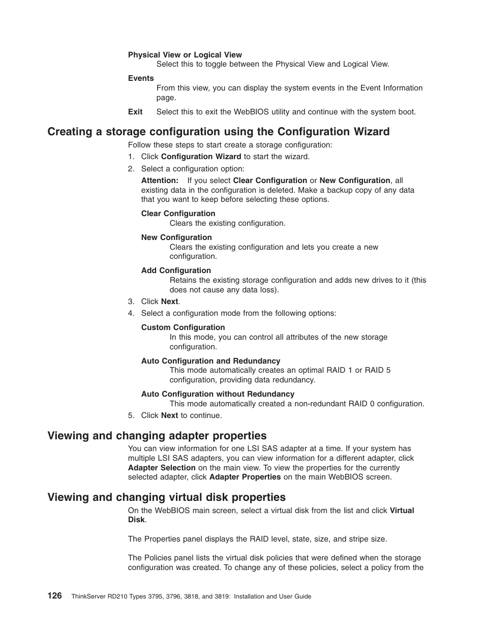 Viewing and changing adapter properties, Viewing and changing virtual disk properties, Creating | Storage, Configuration, Using, Wizard, Viewing, Changing, Adapter | Lenovo RD210 User Manual | Page 142 / 204