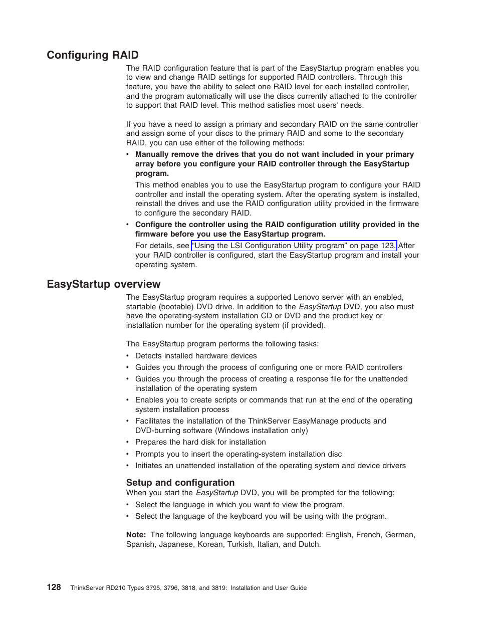 Configuring raid, Easystartup overview, Setup and configuration | Configuring, Raid, Easystartup, Overview, Setup, Configuration | Lenovo RD210 User Manual | Page 144 / 204