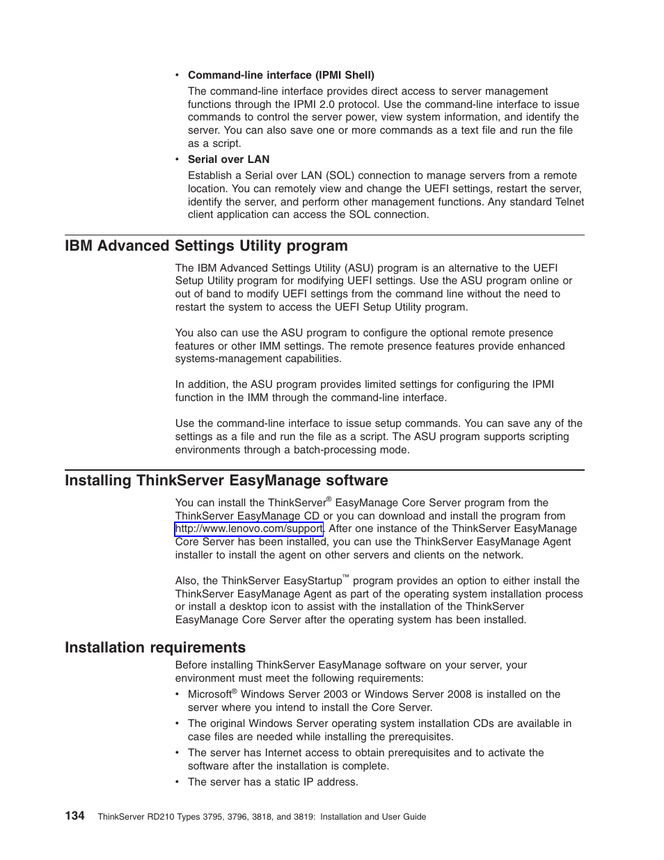 Ibm advanced settings utility program, Installing thinkserver easymanage software, Installation requirements | Advanced, Settings, Utility, Program, Installing, Thinkserver, Easymanage | Lenovo RD210 User Manual | Page 150 / 204