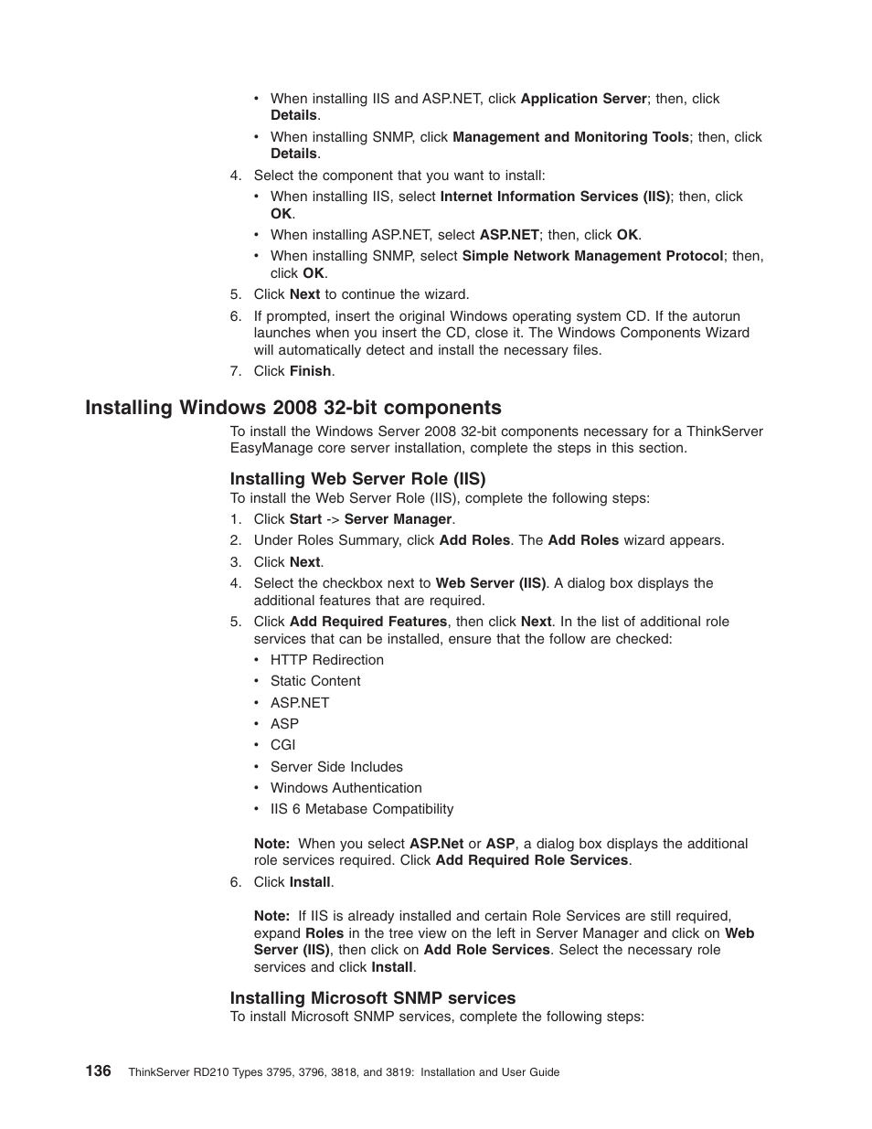 Installing windows 2008 32-bit components, Installing web server role (iis), Installing microsoft snmp services | Installing, Windows, Components, Server, Role, Iis), Microsoft | Lenovo RD210 User Manual | Page 152 / 204