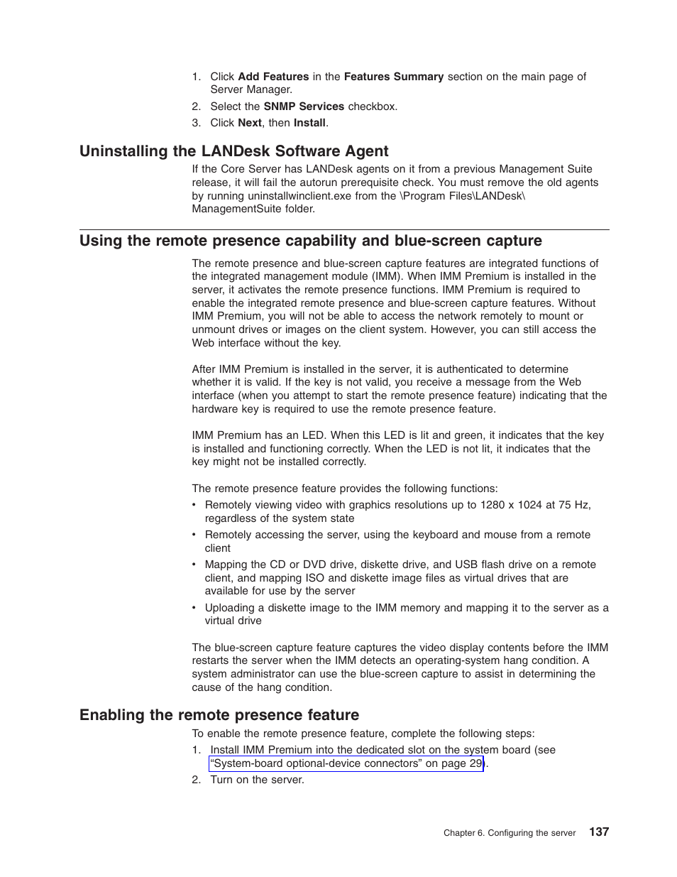 Uninstalling the landesk software agent, Enabling the remote presence feature, Uninstalling | Landesk, Software, Agent, Using, Remote, Presence, Capability | Lenovo RD210 User Manual | Page 153 / 204