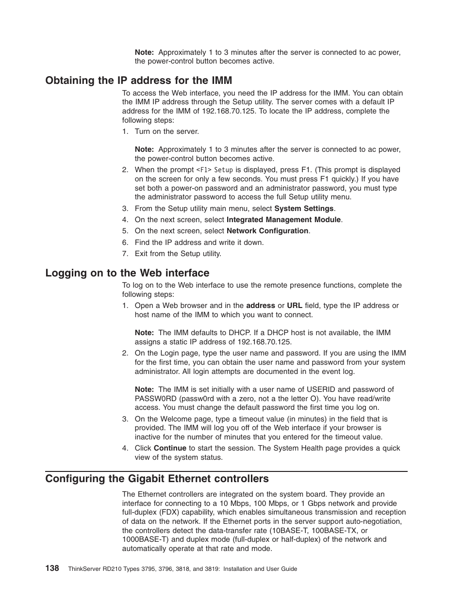Obtaining the ip address for the imm, Logging on to the web interface, Configuring the gigabit ethernet controllers | Obtaining, Address, Logging, Interface, Configuring, Gigabit, Ethernet | Lenovo RD210 User Manual | Page 154 / 204