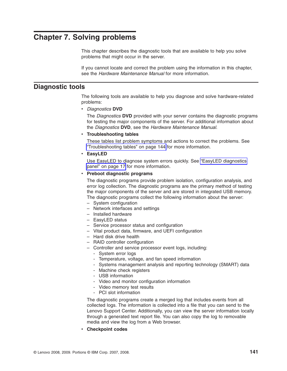 Chapter 7. solving problems, Diagnostic tools, Chapter | Solving, Problems, Diagnostic, Tools | Lenovo RD210 User Manual | Page 157 / 204