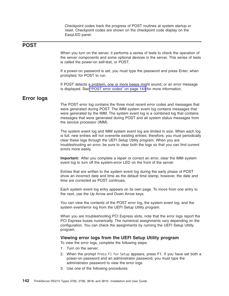 Post, Error logs, Error | Logs, Viewing, From, Uefi, Setup, Utility, Program | Lenovo RD210 User Manual | Page 158 / 204
