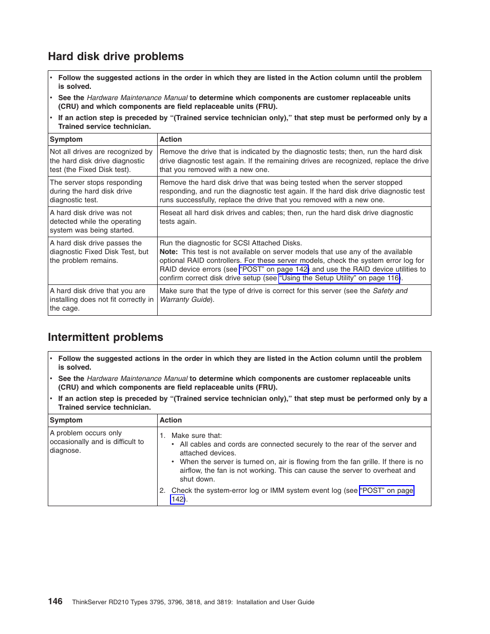 Hard disk drive problems, Intermittent problems, Hard | Disk, Drive, Problems, Intermittent | Lenovo RD210 User Manual | Page 162 / 204