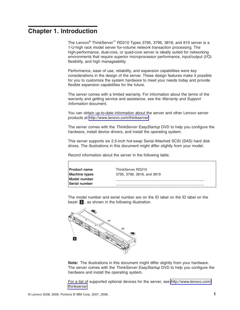 Chapter 1. introduction, Chapter, Introduction | Lenovo RD210 User Manual | Page 17 / 204