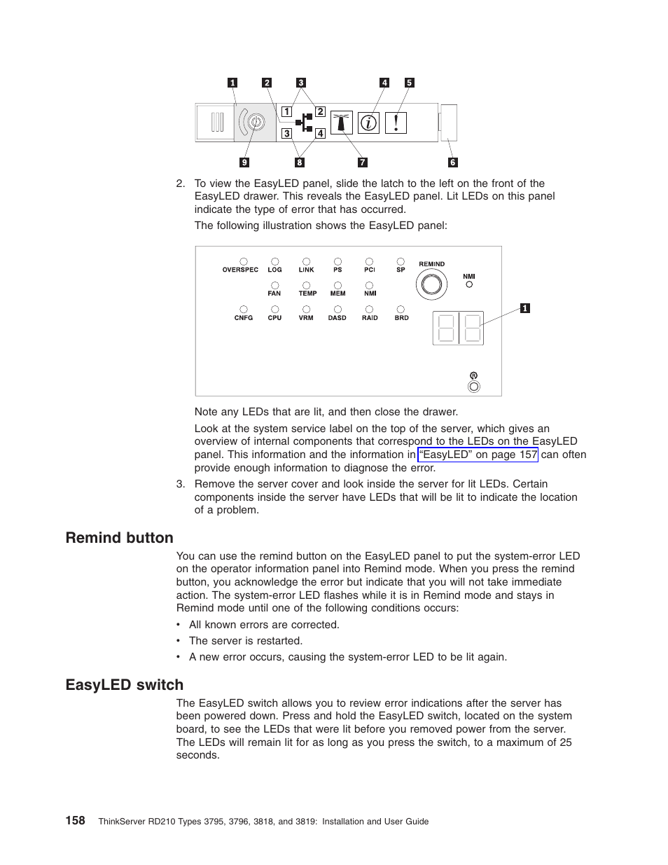 Remind button, Easyled switch, Remind | Button, Easyled, Switch | Lenovo RD210 User Manual | Page 174 / 204