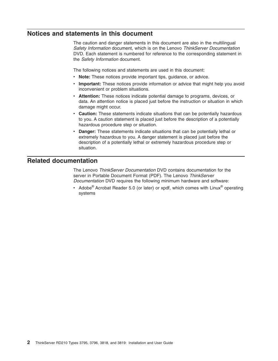 Notices and statements in this document, Related documentation, Notices | Statements, This, Document, Related, Documentation | Lenovo RD210 User Manual | Page 18 / 204